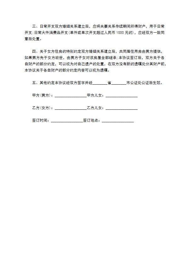 老年再婚婚前协议的格式