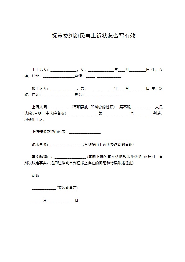 抚养费纠纷民事上诉状怎么写有效