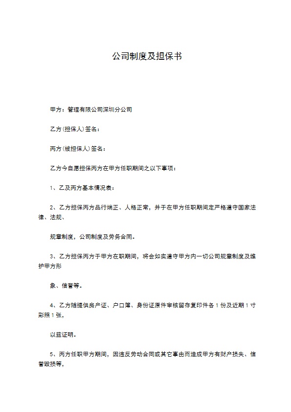 公司制度及担保书