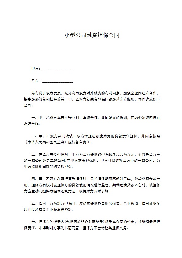 小型公司融资担保合同