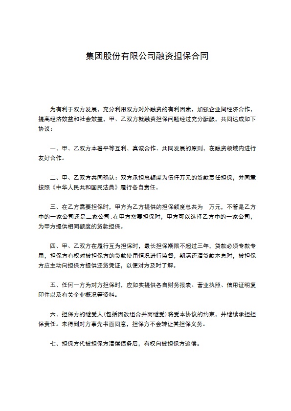 集团股份有限公司融资担保合同