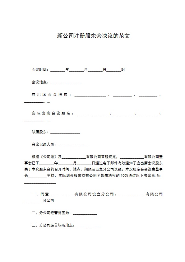 新公司注册股东会决议的范文