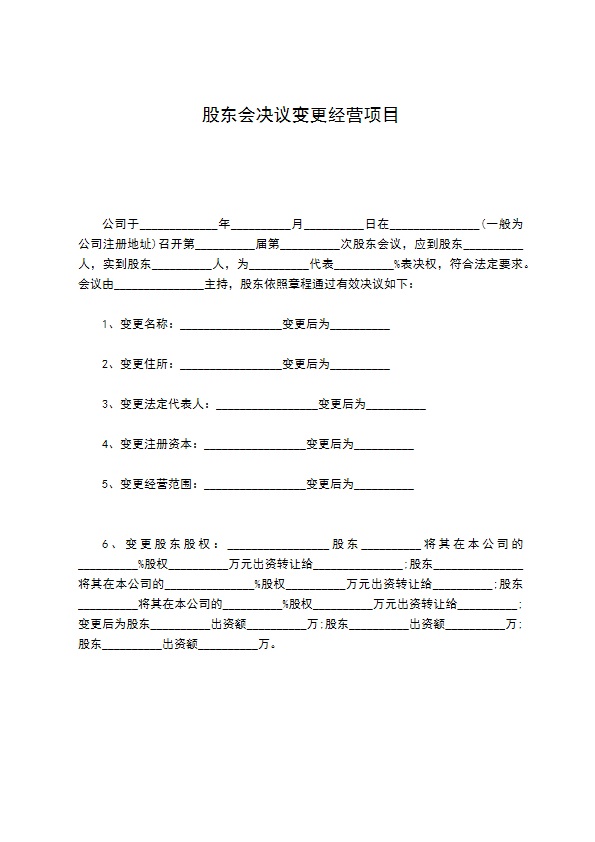 股东会决议变更经营项目