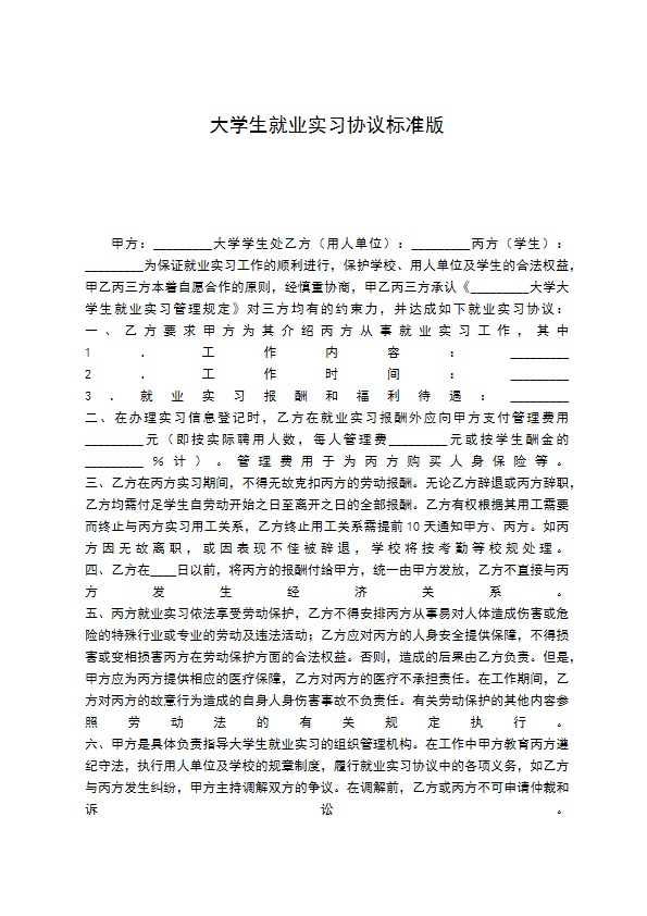 大学生就业实习协议标准版