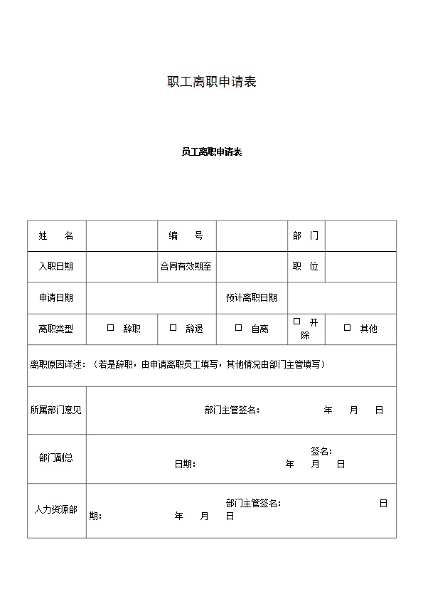 职工离职申请表