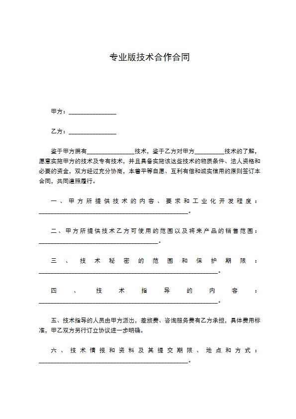 专业版技术合作合同