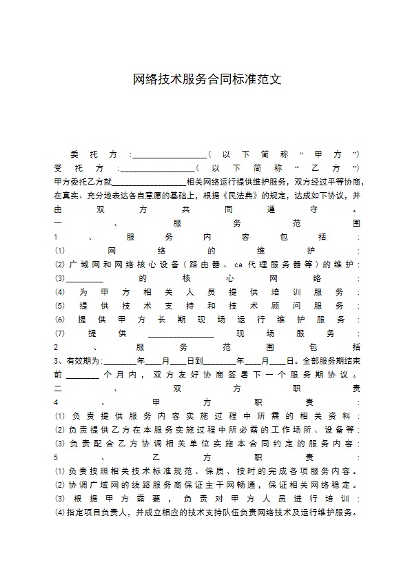 网络技术服务合同标准范文
