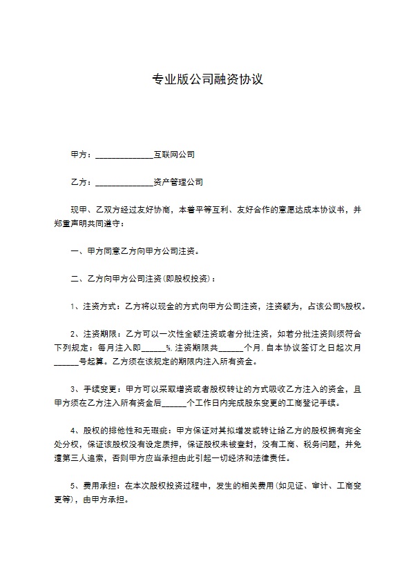 专业版公司融资协议