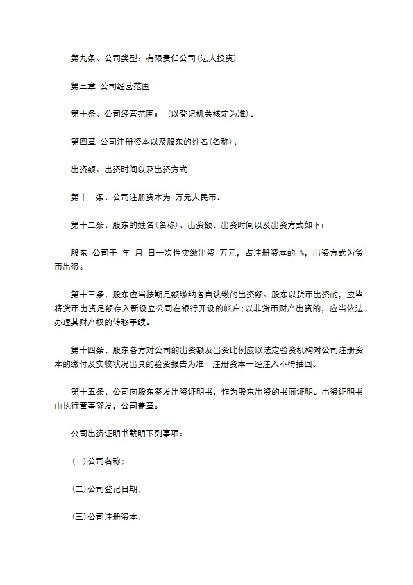 不设董事会监事会有限责任公司章程