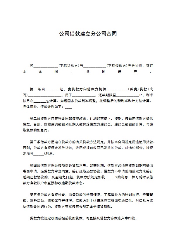 公司借款建立分公司合同