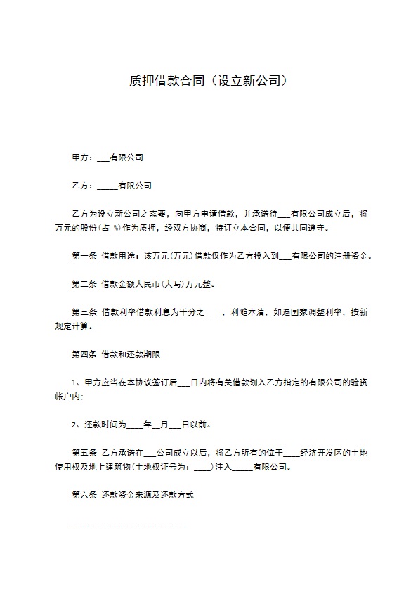 质押借款合同（设立新公司）