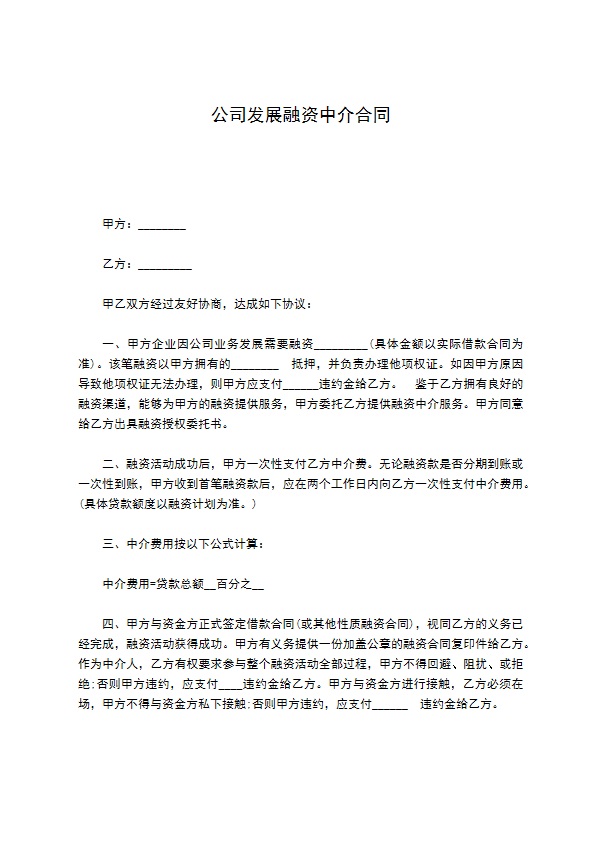 公司发展融资中介合同