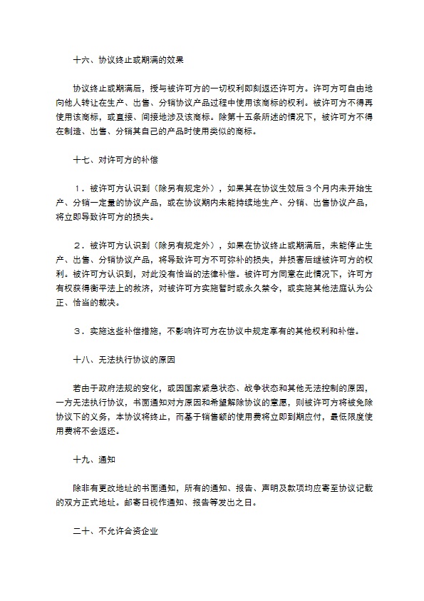 国际商标许可合同(样式一)