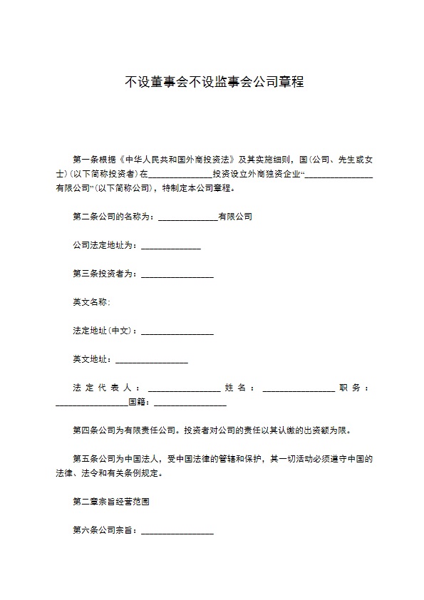 不设董事会不设监事会公司章程